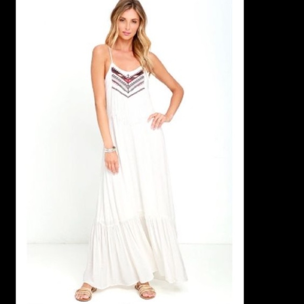 Lulus White Tribal Maxi Dress with Fringe